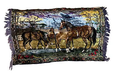 Vintage Horse Tapestry Velvet 46” X 28” Fringe Wall Hanging  Rug B95 • $33.99