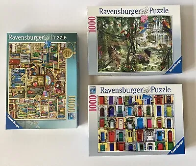 Lot Of 3 RAVENSBURGER Puzzles (1000 Pcs)  Doors World Bizzare Bookshop Tropical • $39.50