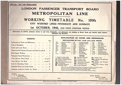 L.P.T.B - Metropolitan Line Working Timetable No.109b  - 1st October 1945 • £12.99