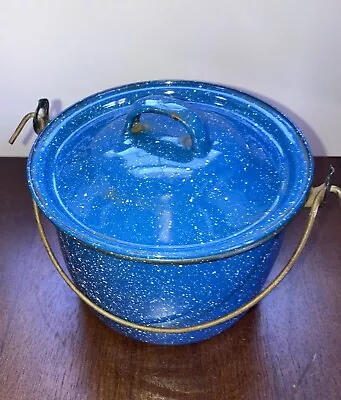 Vintage Mini Deco Enamelware Small Hanging Stockpot Kettle W/ Lid Blue Speckled • $9