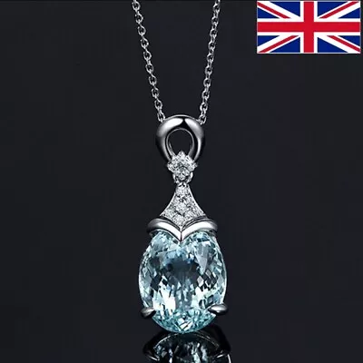 Women's 925 Sterling Silver Aquamarine Gemstone Pendant Necklace Jewellery XMAS • £3.35