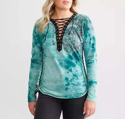 Affliction Women's “Folklore” Long Sleeve Foiled Graphic Lace-up T-shirt NWT • $78.11