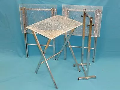 3 Mid Century Modern Chipped Ice Lucite Chrome Leg  Folding Snack Tables + Stand • $480