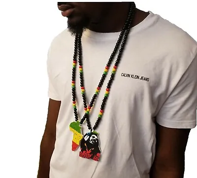 2pcs. Bob Marley Africa Wooden Pendant Necklace Beads Chain Wood Rasta Jamaica  • $21.85