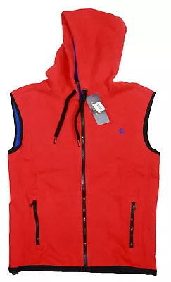 Polo Ralph Lauren Men's Zip Front Pocket Fleece Hooded Vest Red/Blue S • $46.99