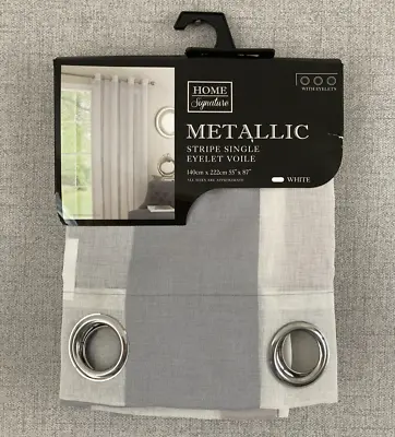 Long Grey Silver White Metallic Striped Pattern Curtain Voile Net Chrome Eyelet • £7.99