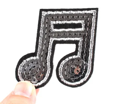 £1.79 • Buy Sequin Silver Musical Note Iron On Patch- Music Badge Embroidered Sew HD324