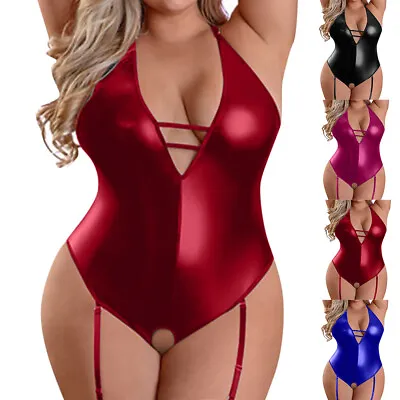 £2.46 • Buy Plus Size Women Sexy Wet Look Crotchless Bodysuit Leotard Lingerie Sleepwear