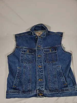 Wrangler Rugged Wear Jean Jacket Vest Blue Solid Denim Button Up Sleeveless 90s • $29.99