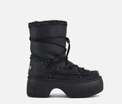 Mou Eskimo Snow Boot Twist Black Shearling Platform Leather EU 37 US 6 NWT • $199