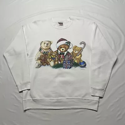 Vintage 90s Christmas Sweatshirt Men’s Large White Teddy Bears Holiday USA Made • $19.99