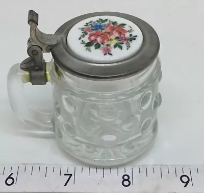 Original BMF Schnapskrugerl Mini Hobnail Glass Pewter Floral Lid Beer Stein 2.75 • $12