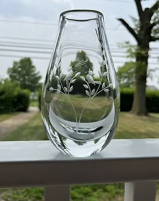 Vintage Kosta Glass Sweden Clear Bulb Vase Etched Birds On Branch 7 1/4”Numbered • $27.99