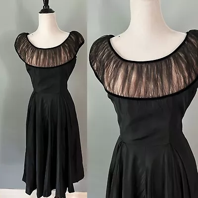 Vintage 50s Jonathan Logan Silk Taffeta With Tulle Bust Dress Velvet Detail Sz 9 • $112