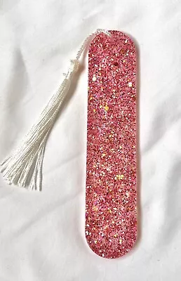 Handmade Pink Glitter Resin Bookmark With White Tassel • £5