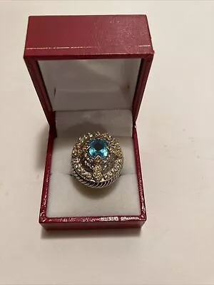 Vintage 18kt Gold Plated Cocktail Ring With Blue Topaz And White Zircon Sz 8 • $18