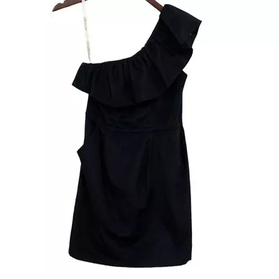 Shoshanna One Shoulder Dress Womens Size 2 Black Ruffled Neck Cotton Blend Lined • $70.40