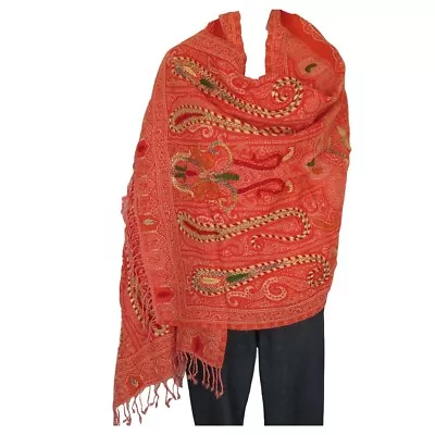 Shawl | Embroidery | Yak + Sheep Wool Blend | Stitched| Handmade | Tangerine • $74.70