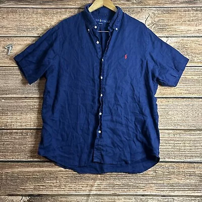 Polo Ralph Lauren Linen Shirt Mens Extra Large Blue Short Sleeve Button Up • $19.99