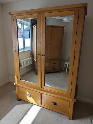 Salisbury Rustic Oak 2 Drawer Mirrored Wardrobe Wax Finish • £600