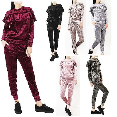 Ladies Front Frill Velour Velvet Crushed Look Tracksuits Women Loungewear Dress • $25.25