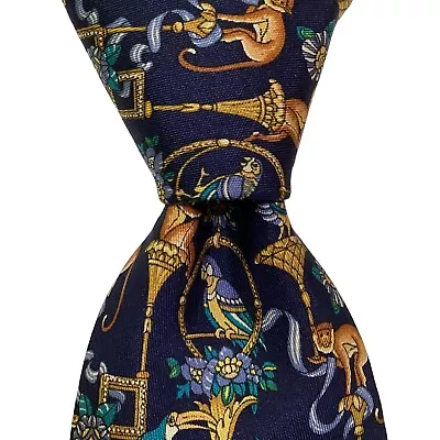 SALVATORE FERRAGAMO Mens 100% Silk Necktie ITALY Luxury MONKEY BIRD Blue PERFECT • $62.99