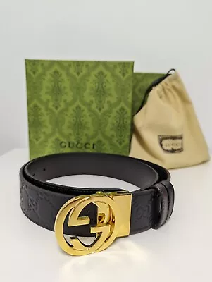 Gucci Signature Belt Reversible - Adjustable Size 95/38 - Gold/Black/Brown • $96