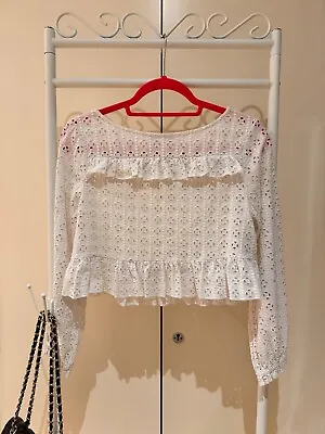 Zara White Lace Broderie Frill Peplum Cropped Crop Top Cute Puffy Sleeves Xs • £2.50
