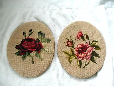 2 Vintage Needlepoint Roses Floral Unframed Red Pink Roses Needlepoint Pictures • $12.99