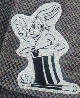 7 1/2  Vintage Rabbit & Top Hat Magic Magician Silver Glitter Sticker • $16.50