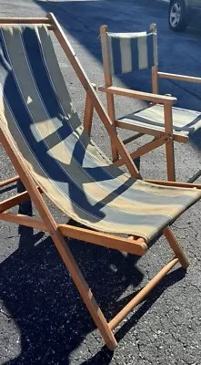 Pr Vintage Maple Sling Deck Chaise Lounge Antique Folding Beach /poolside Chair • $399