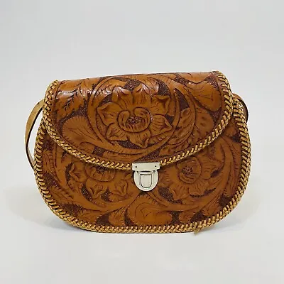 Vintage Leather Tooled Floral Crossbody Purse 70s 80s Brown Hand Crafted Artist • $47.98