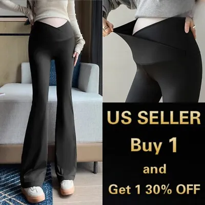 ️Women Maternity Pregnant V Crossover Black Wide Leg Pants Lounge Trousers • $12.88