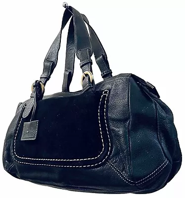 Via Spiga Satchel Tote Bag Purse Black  Leather Suede Pockets Golden Zipped Tag • $49
