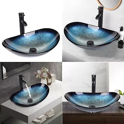 Bathroom Sink Bowl Wash Basin Countertop Cloakroom Tempered Glass Tap Waste Set • £66.99