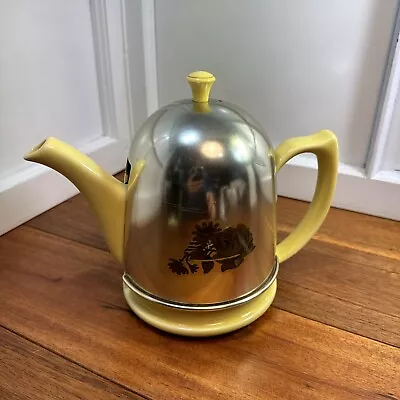Hall China Co Coverlet Teapot Canary Yellow  Removable Metal Cover Rose Decal • $32.95