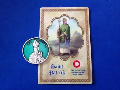 St PATRICK Pocket Enamel Token + RELIC Card 1-1/8  Saint Medal Silver Tone • $14.98