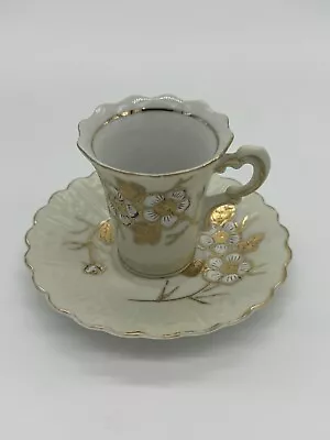 Mini Tea Cup And Saucer Set Painted Gold Flowers • $8.99