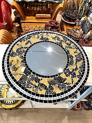 Mosaic Mirror Garden Hanging Gold Glass Inlay Round 24” D Bali Zenda Imports • $200