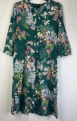 Vtg Miss Elaine Relax House Coat Womens XL Teal Floral Long Sleeve Zip Up Front • $14.88