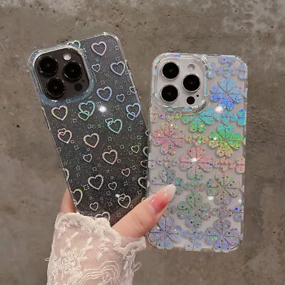 Cute Laser Glitter Love Heart Phone Case For IPhone 14 13 12 Pro Max Clear Cover • £4.79