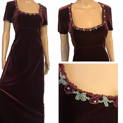 Vtg CDC Port Wine Stretch Velvet Maxi Dress Sz 8 Empire Waist Gown Velour • $39.98