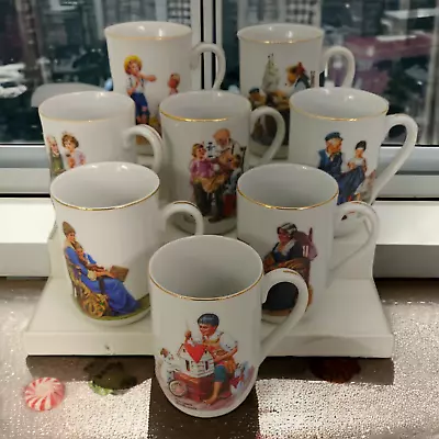 Set Of 8 Vintage Norman Rockwell Museum Coffee Tea Mug Gold Tone Rim 1982 • $39