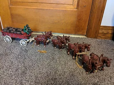 Vintage Cast Iron 8 Horse Clydesdale  Drawn Wagon With Beer Kegs Drivers And Dog • $85