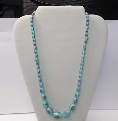 Vintage Aqua Blue Floral Murano Art Glass Bead Necklace • $40