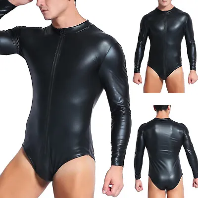 Men's Sexy Bodysuit Wet Look Latex Shiny Catsuit Faux Leather Clubwear Nightsuit • £11.99