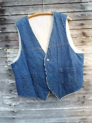 Vintage Remington Express Denim Sherpa Lined Vest Western 70s Blue • $34.99