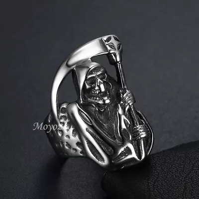 Mens Biker Goth Death Skull Grim Reaper Ring Stainless Steel Size 8-15 Gift • $7.99