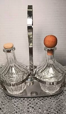 1959's Vintage Glass Cruet Set With Silver Plated Holder And Wood Stoppers • $19.99