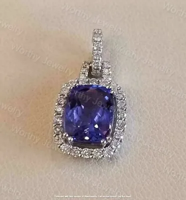 5Ct Cushion Cut Blue Tanzanite Diamond Pendant 14K White Gold Finish Free Chain • $65.40